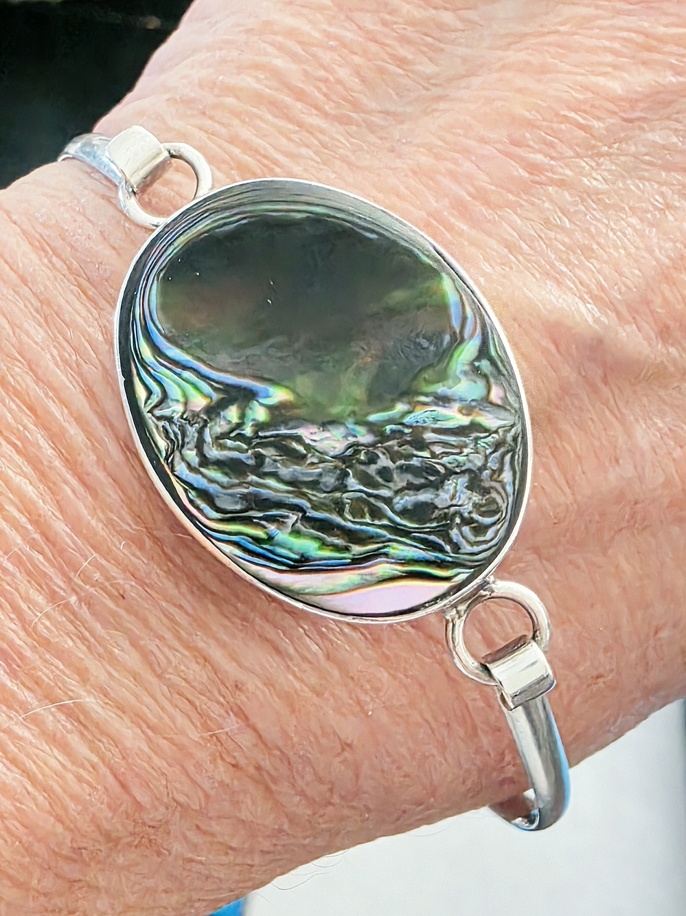 Sterling Silver Abalone Shell Cuff Bracelet in Iridescent Green